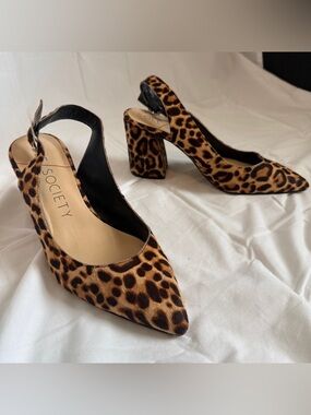 Leopard Print Slingback 8.5 Block Heel Shoe Leather Calf Hair Statement French